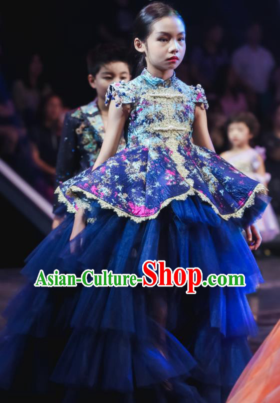 High Kid Birthday Trailing Full Dress Children Catwalks Navy Veil Dress Girl Stage Show Clothing Compere Garment Costume