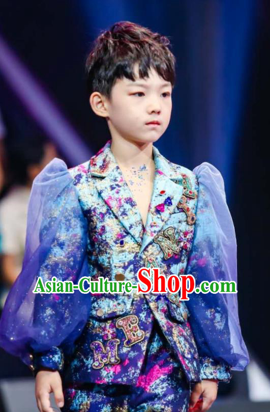 Top Kid Catwalks Blue Uniforms Children Compere Performance Apparels Boys Stage Show Suits