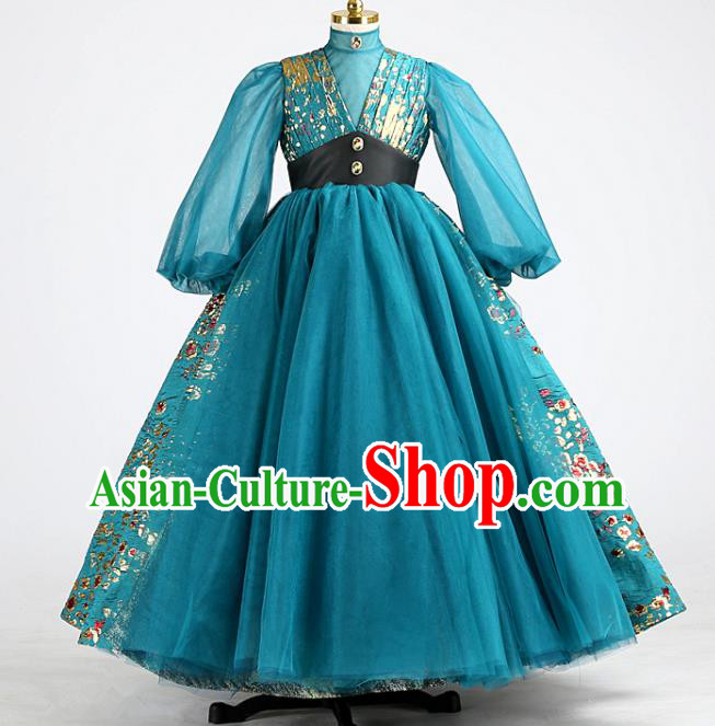 High Children Performance Blue Dress Baby Compere Garment Costume Stage Show Full Dress Girl Catwalks Clothing