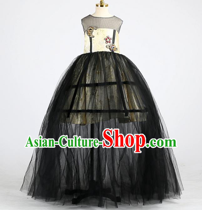 High Children Compere Garments Catwalks Formal Costume Stage Show Black Veil Full Dress Girl Model Performance Clothing