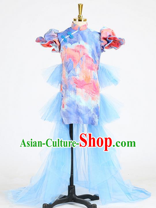 High Girl Catwalks Clothing Children Compere Garments Chorus Formal Costume Stage Show Blue Full Dress