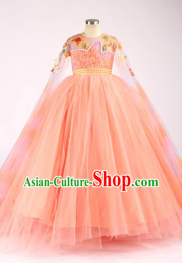 High Girl Compere Clothing Stage Show Princess Full Dress Kid Catwalks Fashion Children Performance Orange Veil Dress