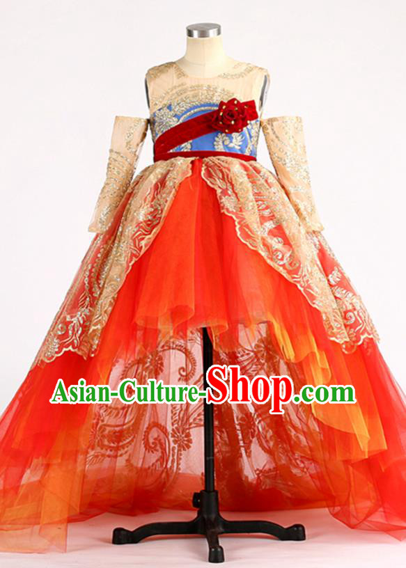 High Children Chorus Performance Red Dress Baroque Compere Clothing Stage Show Princess Full Dress Girl Catwalks Fashion