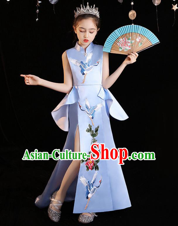 China Embroidered Blue Dress Girl Catwalks Clothing Stage Performance Garment Costume Children Qipao Dress