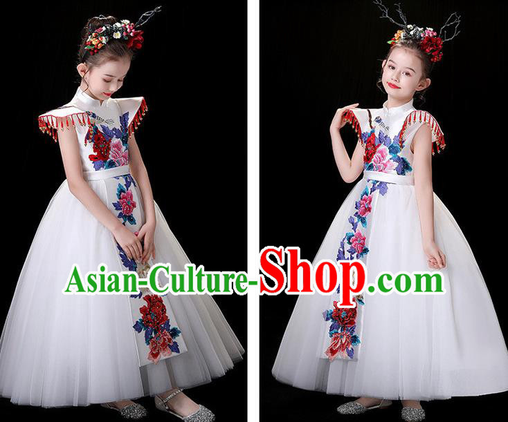 China Stage Performance Garment Costume Children Dance Wear Embroidered White Dress Girl Catwalks Clothing