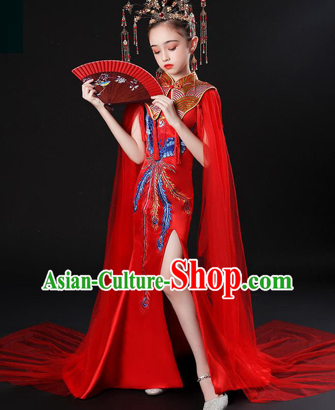 China Children Classical Red Embroidered Phoenix Uniforms Compere Garment Costume Girl Catwalks Formal Dress Stage Performance Clothing