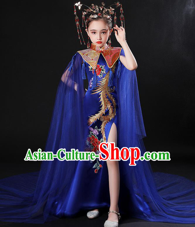 China Stage Performance Clothing Children Classical Embroidered Phoenix Royalblue Uniforms Compere Garment Costume Girl Catwalks Formal Dress