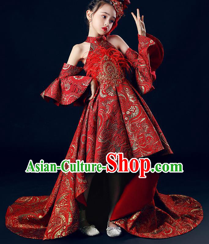 Custom Catwalks Princess Full Dress Children Dancewear Girl Compere Fashion Clothing Stage Show Red Trailing Dress