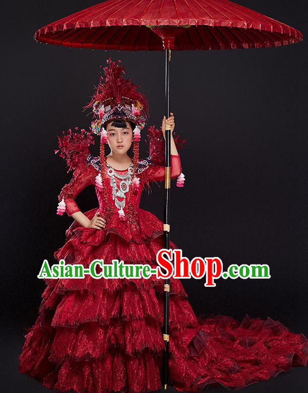 Custom Girl Stage Show Red Trailing Dress Catwalks Princess Full Dress Children Birthday Garment Compere Fashion Clothing