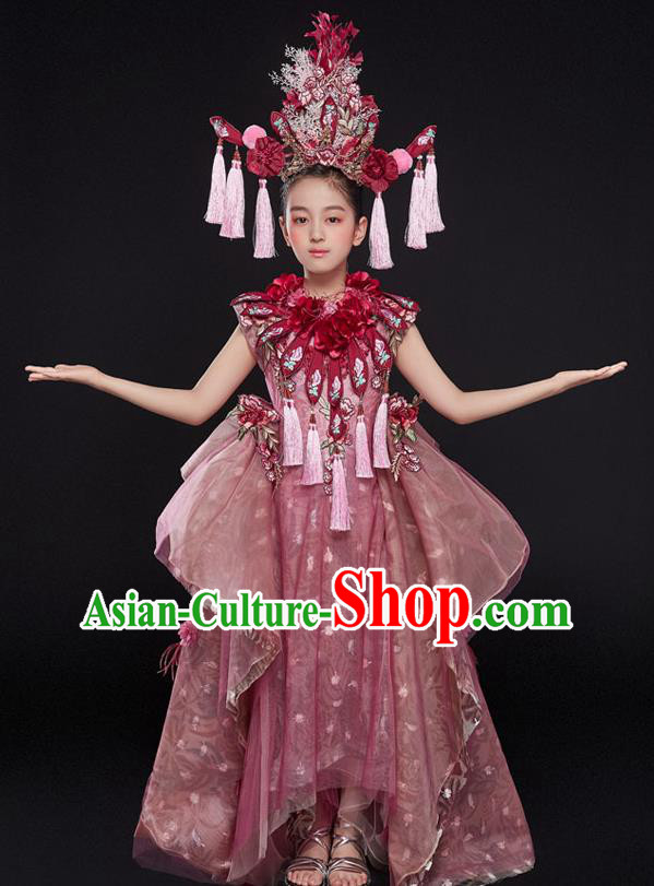 Custom Compere Fashion Clothing Girl Stage Show Pink Dress Catwalks Princess Full Dress Children Birthday Flowers Garment