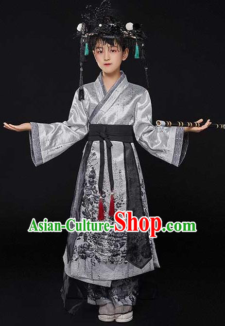Top Chinese Boys Stage Show Tang Suits Kid Catwalks Grey Robe Uniforms Children Scholar Performance Apparels