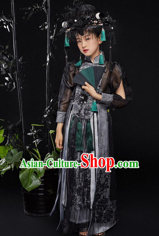 China Children Performance Clothing Classical Dance Black Dress Uniforms Compere Garment Costumes Girl Catwalks Fashion