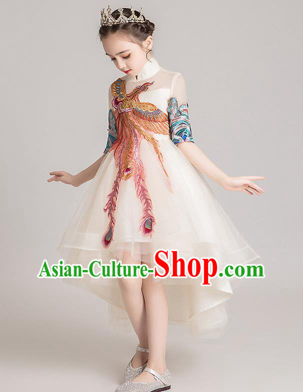Custom Stage Show Embroidered Phoenix Dress Catwalks Princess Beige Full Dress Children Dancewear Girl Compere Fashion Clothing