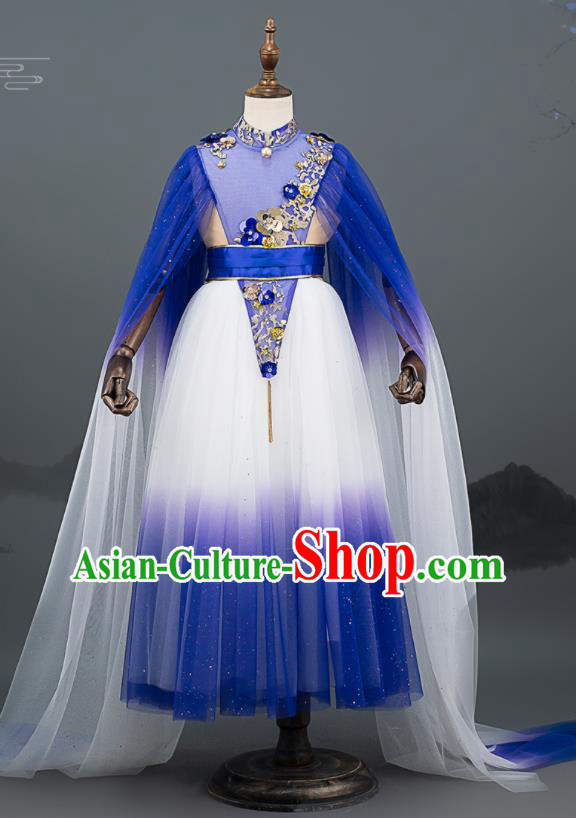 Custom Children Day Performance Fashion Garment Baby Princess Clothing Stage Show Blue Dress Girl Catwalks Full Dress