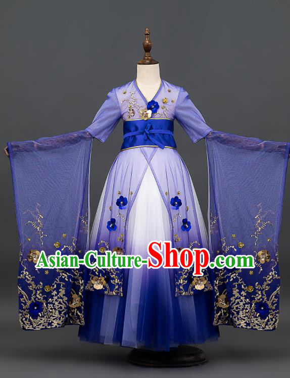 Custom Kid Performance Clothing Compere Show Royalblue Dress Girl Chorus Embroidered Fashion Children Full Dress
