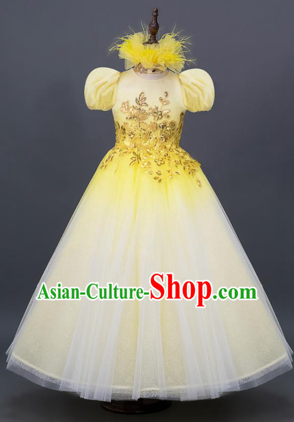 Custom Princess Full Dress Kid Performance Clothing Children Compere Show Yellow Veil Dress Girl Chorus Fashion