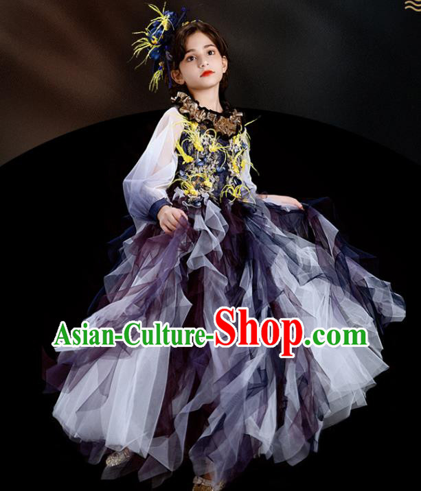 Custom Girl Princess Full Dress Modern Dance Clothing Kid Stage Performance Purple Veil Dress Children Catwalks Garment