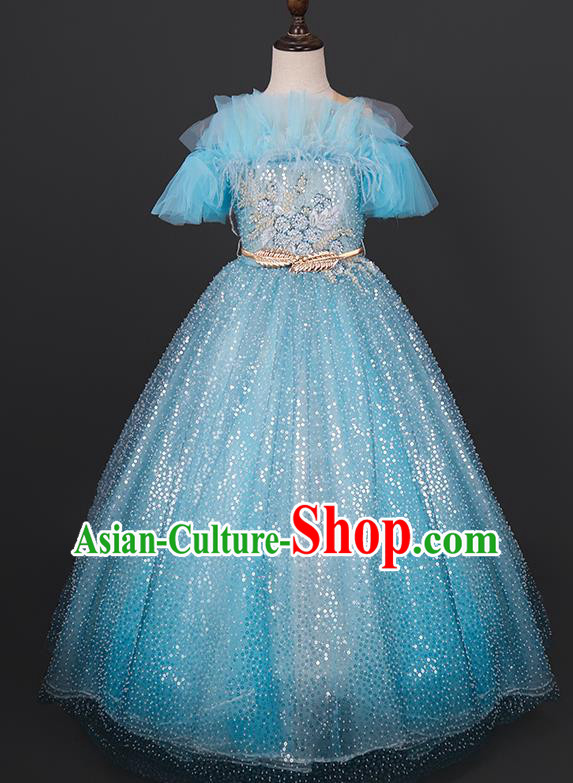 Custom Girl Princess Blue Full Dress Modern Dance Clothing Kid Christmas Performance Dress Children Compere Garment