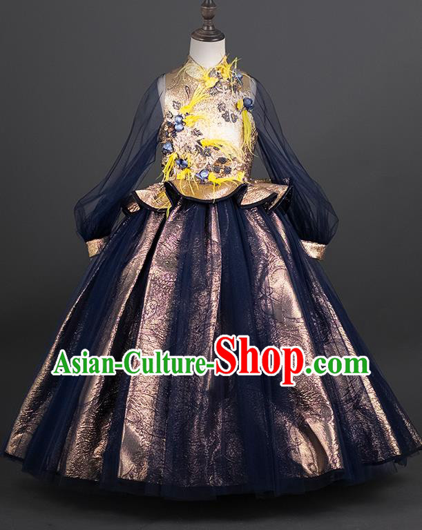 Custom Princess Navy Veil Full Dress Kid Formal Clothing Children Piano Recital Dress Girl Birthday Fashion