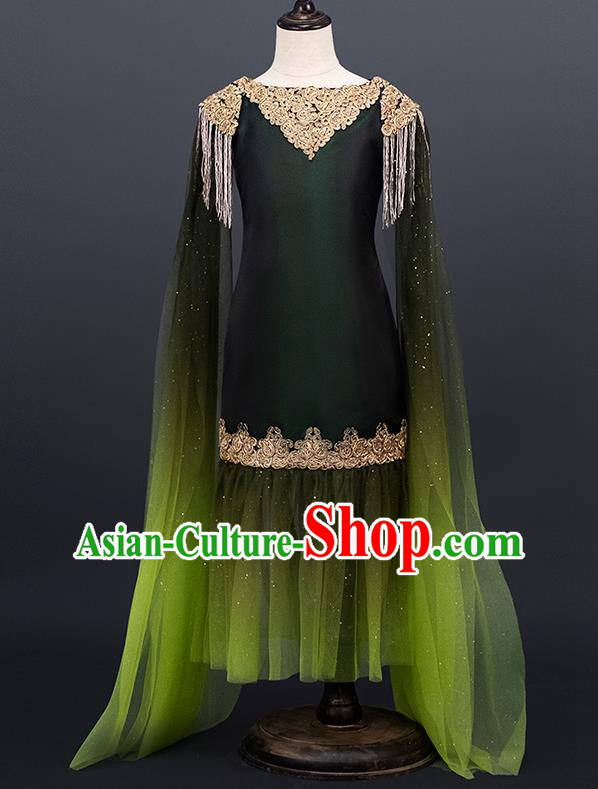 Professional Stage Show Green Full Dress Modern Dance Clothing Girl Princess Garment Children Catwalks Fashion Costume