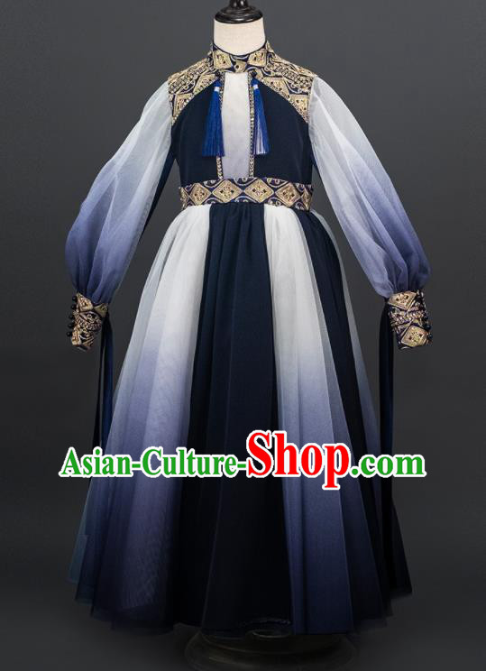 China Stage Performance Clothing Classical Dance Garment Costume Children Catwalks Uniforms Girl Navy Veil Dress