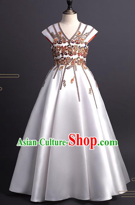 Professional Children Catwalks White Satin Full Dress Girl Piano Recital Garment Costume Stage Show Clothing Princess Fashion