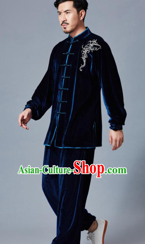 Chinese Martial Arts Garment Costumes Tai Chi Training Navy Pleuche Uniforms Kung Fu Competition Clothing for Women for Men