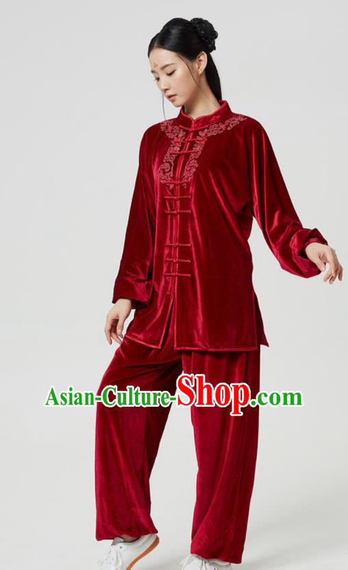 China Martial Arts Competition Outfits Wushu Garment Costumes Tai Chi Sword Clothing Kung Fu Embroidered Red Pleuche Uniforms