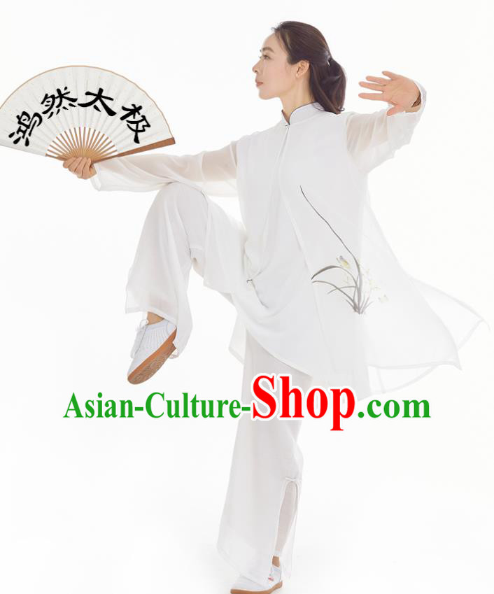 Professional Chinese Zen Clothing Kung Fu Training Ink Painting Orchids Uniforms Tai Chi Competition White Suits