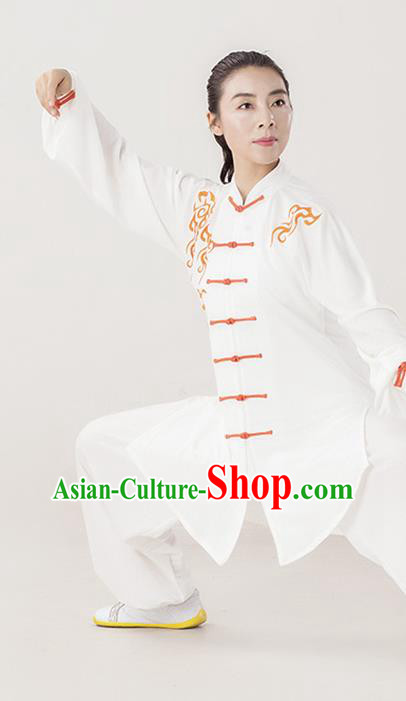 Professional Chinese Martial Arts Performance Clothing Kung Fu Training White Uniforms Tai Chi Competition Embroidered Clouds Suits