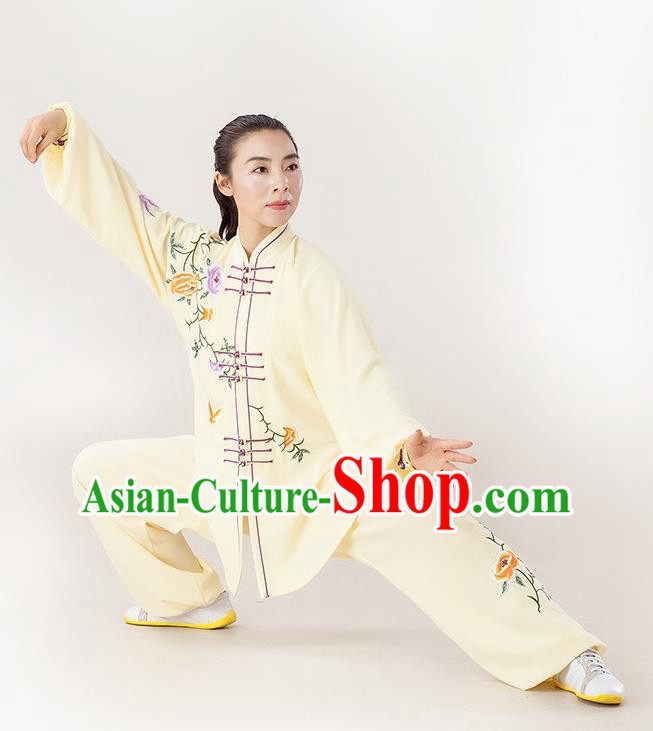Professional Chinese Kung Fu Performance Light Yellow Uniforms Tai Chi Training Embroidered Peony Suits Martial Arts Competition Clothing