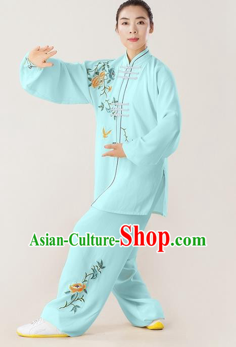 Professional Chinese Martial Arts Competition Clothing Kung Fu Performance Light Blue Uniforms Tai Chi Training Embroidered Peony Suits