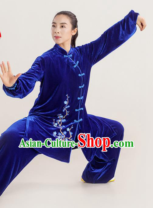 Professional Chinese Martial Arts Clothing Kung Fu Garments Wushu Performance Embroidered Uniforms Tai Chi Competition Royalblue Pleuche Suits