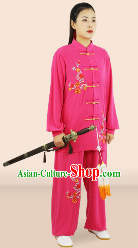Professional Chinese Wushu Performance Embroidered Rosy Uniforms Tai Ji Suits Martial Arts Competition Clothing Kung Fu Tai Chi Costumes