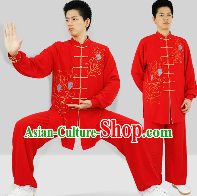 Chinese Adults Kung Fu Show Clothing Martial Arts Garment Costumes Tai Chi Competition Red Uniforms