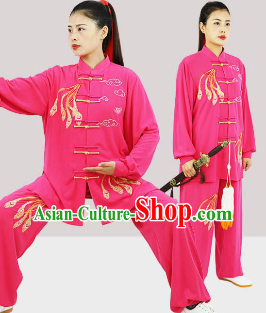 Professional Chinese Kung Fu Wushu Embroidered Phoenix Uniforms Tai Ji Competition Rosy Suits Martial Arts Performance Clothing Tai Chi Costumes
