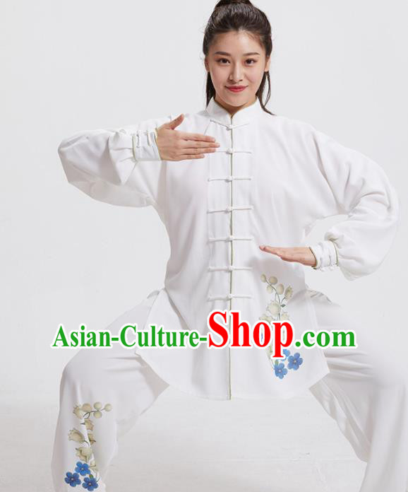 Chinese Tai Chi Training Printing Flowers White Uniforms Adults Kung Fu Performance Clothing Martial Arts Garment Costumes
