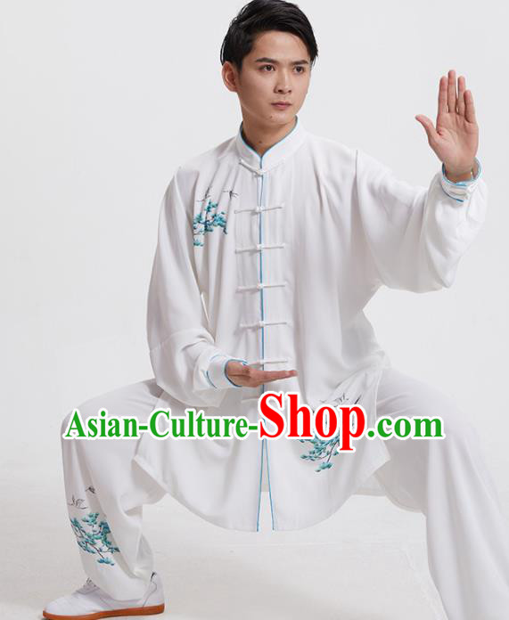 Chinese Kung Fu Performance Clothing Martial Arts Garment Costumes Tai Chi Training Printing Pine Crane White Uniforms for Men for Women