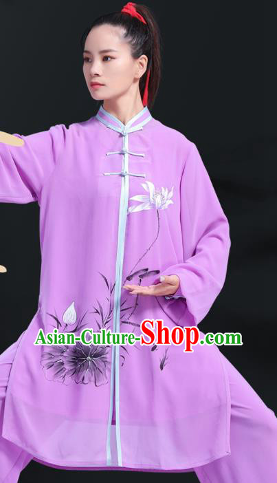 Professional Chinese Kung Fu Performance Uniforms Tai Ji Competition Clothing Martial Arts Printing Lotus Purple Outfits Tai Chi Costumes