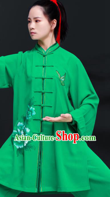 Professional Chinese Tai Chi Training Costumes Kung Fu Uniforms Tai Ji Sword Performance Clothing Martial Arts Printing Peony Green Outfits