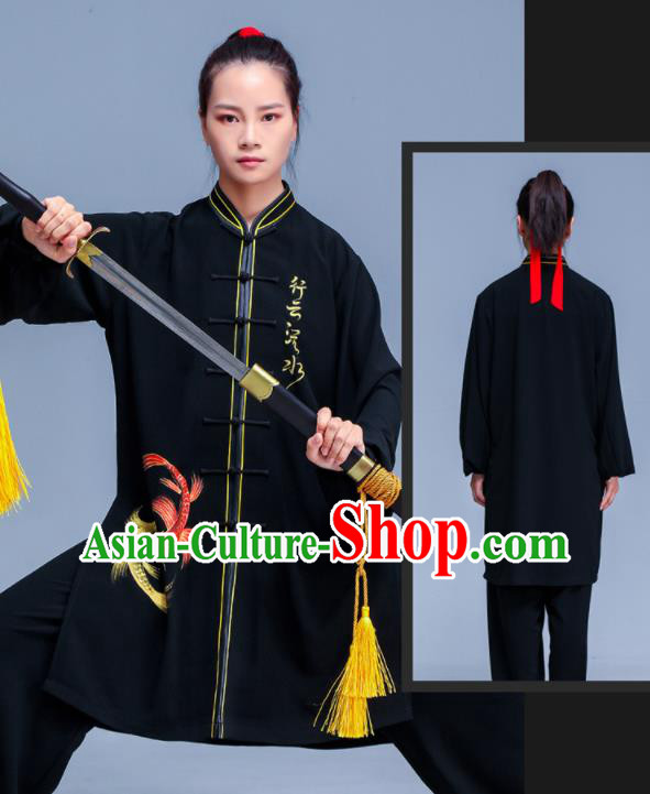 Professional Chinese Tai Ji Printing Fish Black Outfits Tai Chi Training Uniforms Kung Fu Costumes Martial Arts Performance Clothing