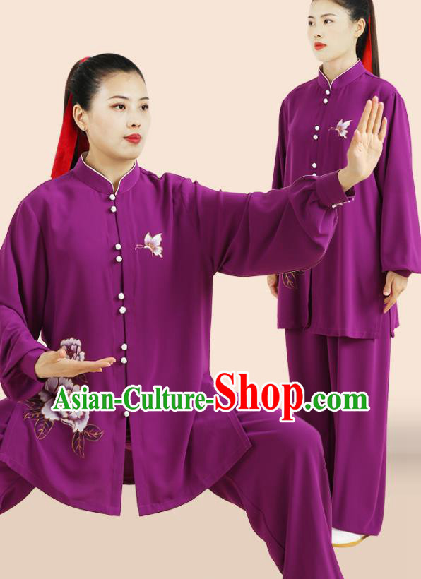 Professional Chinese Martial Arts Clothing Kung Fu Tai Chi Costumes Wushu Hand Painting Peony Purple Uniforms Tai Ji Competition Suits