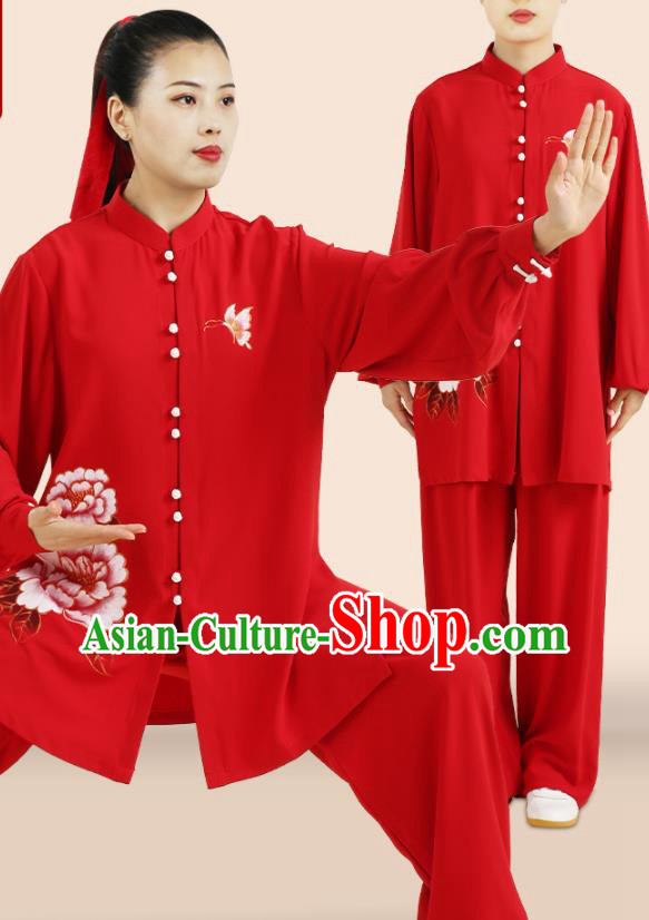 Professional Chinese Tai Ji Competition Suits Martial Arts Clothing Kung Fu Tai Chi Costumes Wushu Hand Painting Peony Red Uniforms