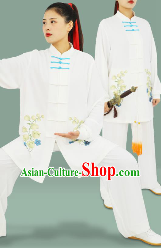 Professional Chinese Wushu Performance Printing Convallaria White Uniforms Tai Ji Competition Suits Martial Arts Clothing Kung Fu Tai Chi Costumes