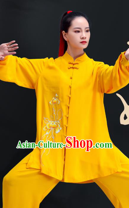 Professional Chinese Tai Chi Training Uniforms Kung Fu Yellow Outfits Martial Arts Embroidered Clothing Tai Ji Performance Costumes