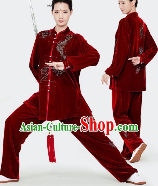 Chinese Martial Arts Clothing Kung Fu Garment Costumes Tai Chi Training Uniforms Wushu Competition Red Pleuche Outfits