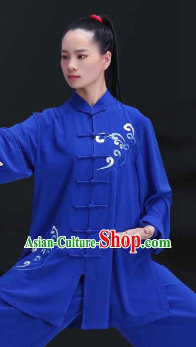 Chinese Martial Arts Embroidered Wave Clothing Tai Ji Competition Costumes Tai Chi Uniforms Kung Fu Training Royalblue Outfits