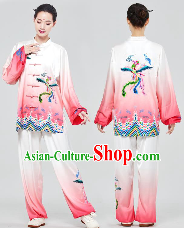Chinese Tai Chi Printing Phoenix Pink Uniforms Wushu Competition Outfits Martial Arts Kung Fu Clothing Tai Ji Sword Garment Costumes