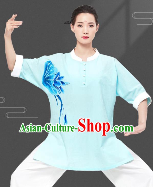 Chinese Tai Ji Garment Costumes Tai Chi Printing Lotus Uniforms Wushu Competition Outfits Martial Arts Kung Fu Clothing