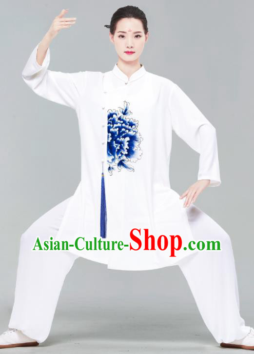 Chinese Martial Arts Kung Fu Clothing Tai Ji Garment Costumes Tai Chi Printing Peony White Uniforms Wushu Competition Outfits